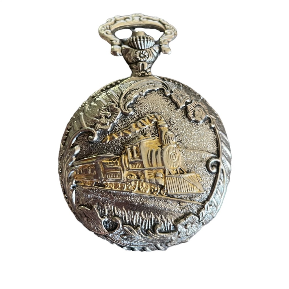 Vintage Pocket Watch Milan Quartz Japan  With Railroad Train